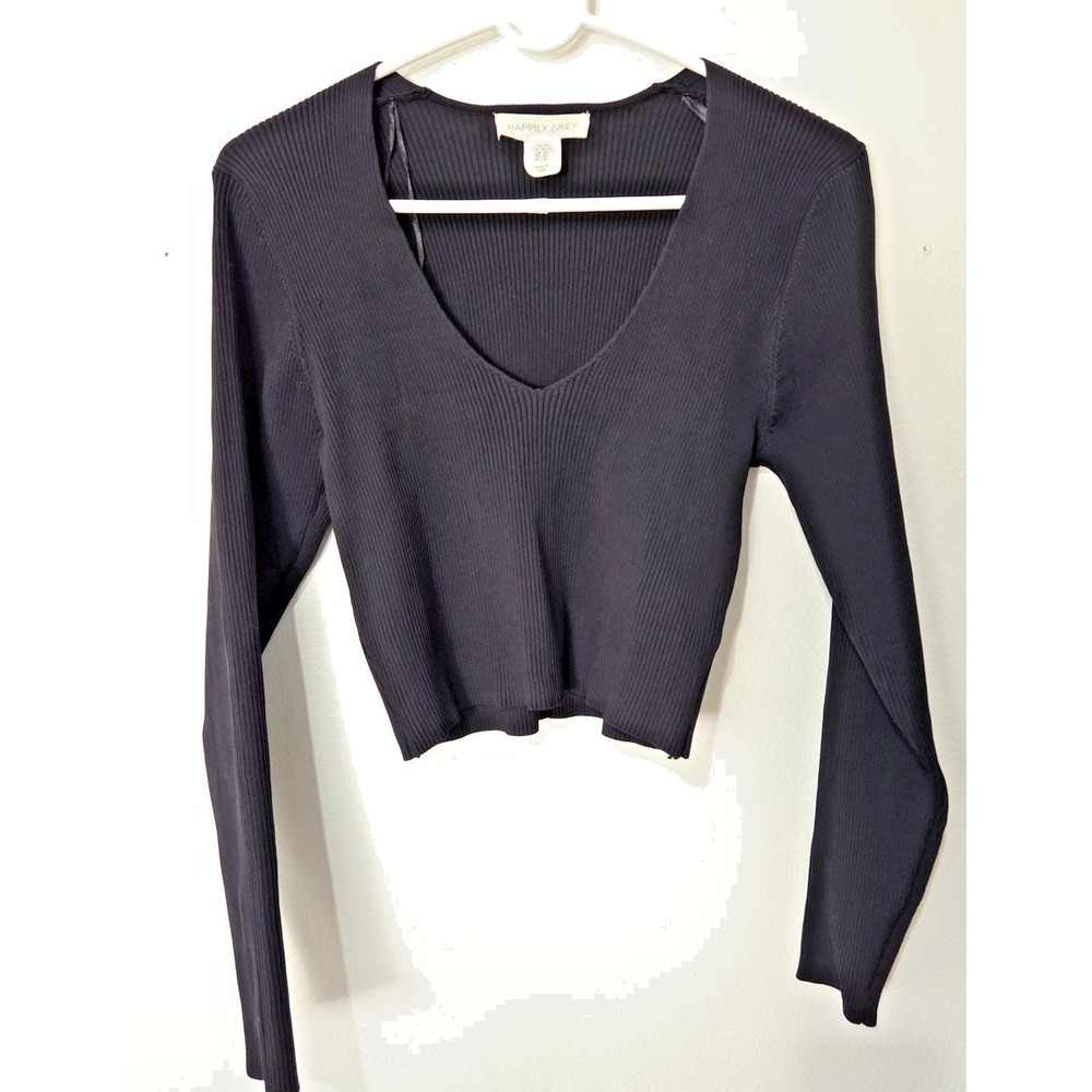 Happily‎ Grey Womens Sweater XL Black Cropped Ribbed V Neck Y2K Juniors